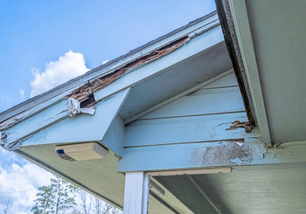 Rotted wood fascia and soffit exposed at the roofline of a home before repairing wood rot and painting the exterior.
